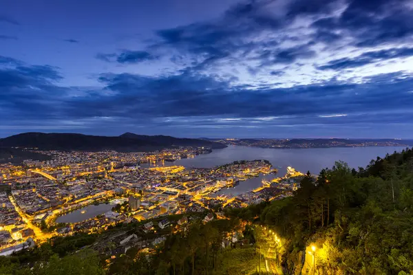 Geceleri deniz manzaralı bir şehir.
