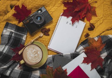 Kareli ekose, sıcak kazak, kahve fincanı, retro kamera, düşme yaprakları ve spiral planlamacıyla sonbahar evi kompozisyonu. Feminen blog sosyal medya için sonbahar şablonu.