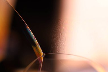 Siyah zemin üzerinde parlak çok renkli sıvı yüzey, parazit deseni, renkli bir çizgi