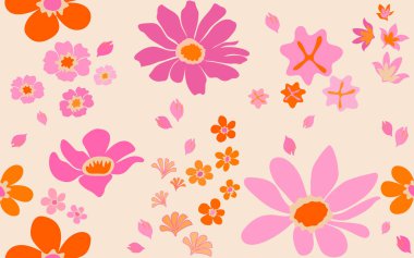 El çizimi renkli çiçekler, kumaş, tekstil, giysi, ambalaj kağıdı, arkaplan, afiş, illüstrasyon, soyut arkaplanlar için çiçeklerle süslenmiş kusursuz desenler..