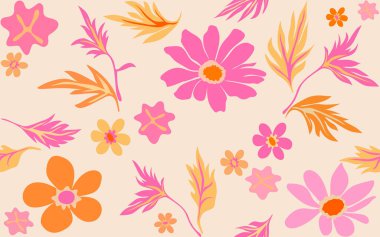 El çizimi renkli çiçekler, kumaş, tekstil, giysi, ambalaj kağıdı, arkaplan, afiş, illüstrasyon, soyut arkaplanlar için çiçeklerle süslenmiş kusursuz desenler..