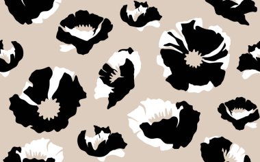 El çizimi siyah ve beyaz çiçekler kumaş, tekstil, giysi, ambalaj kağıdı, arkaplan, afiş, illüstrasyon, soyut arkaplanlar için çiçeklerle süslenmiş kusursuz desenler..