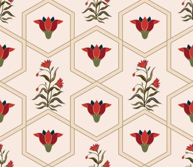 Vektör El renkli geometrik çiçekler çizdi, kumaş, tekstil, giysi, ambalaj kağıdı, arkaplan, afiş, illüstrasyon, soyut arkaplan için çiçeklerle kusursuz desenler çizdi.