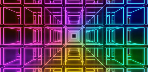 ネオンライトキューブ スペクトル鮮やかな色 抽象的な背景 3Dレンダリング — ストック写真