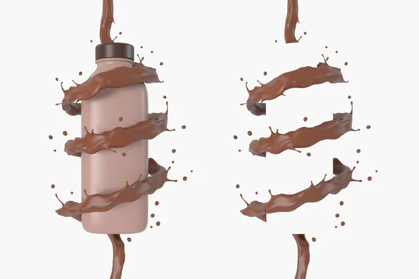 Aliran Coklat Berputar Putar Sekitar Botol Susu Cokelat Render Jalur — Stok Foto