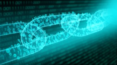 Blockchain hyperlink sembolü whit ikili kodu, Numara büyük veri, 3d oluşturma.