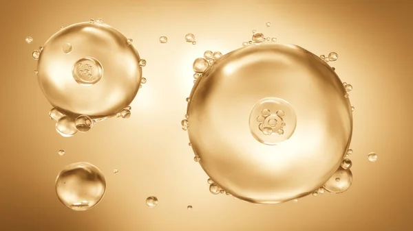 Gold Liquid Bubble on golden background, Cosmetic essence oil, 3D rendering.