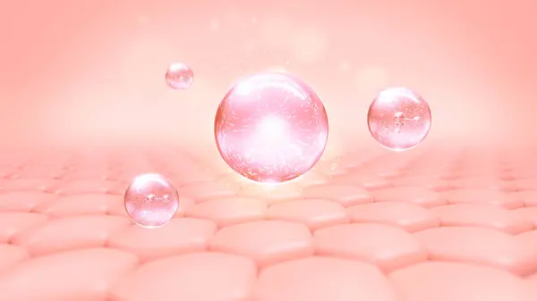 Vitamin serumu kabarcıkları ya da cilt üzerinde yüzen kolajen güzellik kozmetik cilt bakımı konsepti, 3 boyutlu görüntüleme.