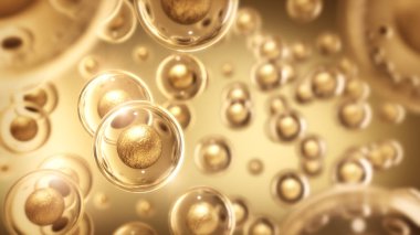 Sıvı Kabarcık içindeki altın molekül veya atom, Cilt Kozmetik arka plan konsepti, 3D görüntüleme.