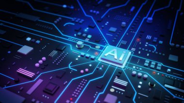 Yapay zeka işlemcisi, Akıllı mikroçip, Bilgisayar, Data, Teknoloji arka planı, 3D görüntüleme.