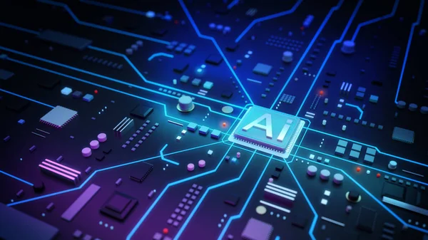 Yapay zeka işlemcisi, Akıllı mikroçip, Bilgisayar, Data, Teknoloji arka planı, 3D görüntüleme.