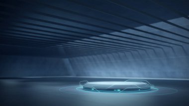 Sahne Showroom Underground, Bilimkurgu teknolojisi arka planı, 3D görüntüleme.