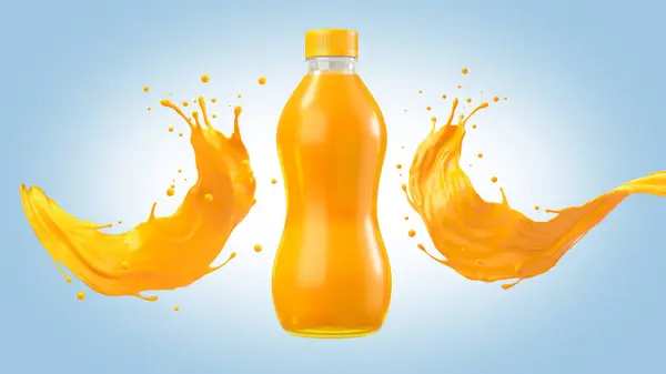 Rendering Färsk Apelsinjuice Eller Mangojuice Stänk Flöde Med Flaska Klippbana Royaltyfria Stockfoton