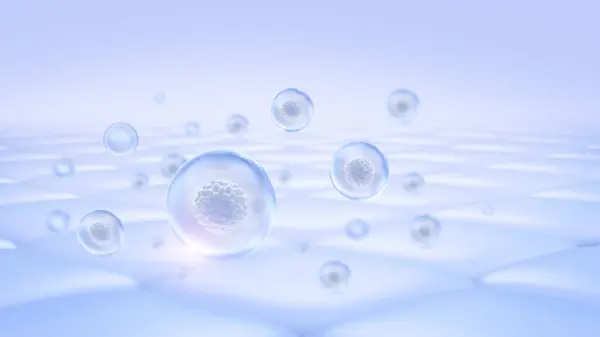 Su kabarcığı içindeki kök hücre, kozmetik laboratuvarı kimyasal arka planı, 3D görüntüleme