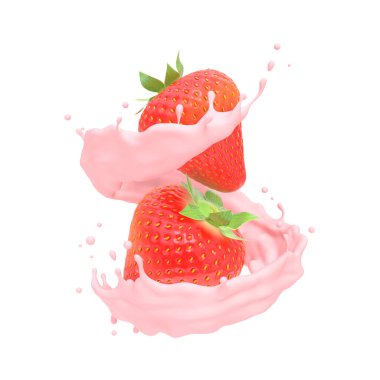 Beyaz arka planda izole edilmiş çilekli süt ya da yoğurt sıçraması, kırpma yolu, 3D görüntüleme.