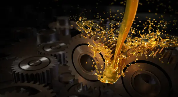 Petrol dalgasının dişlilere sıçraması, motor yağı ve şanzıman konsepti, 3D görüntüleme..