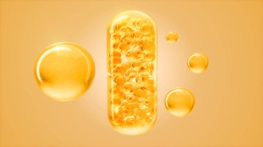 Altın vitamin ya da yağ kapsülü, tıbbi biyoteknoloji, hap konsepti, 3D görüntüleme