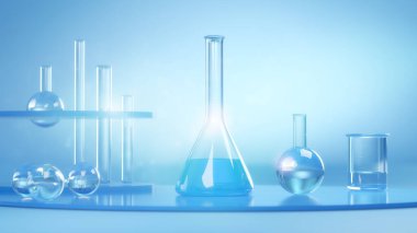Işık arka planında laboratuvar cam eşyalar, biyoteknoloji konsepti, 3D görüntüleme