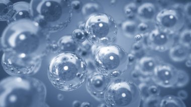 Mavi sıvı kabarcıklar veya moleküler yapılar, Kolajen, Vitamin, Cilt Serumu yüzen, Kozmetik Güzellik Konsepti, 3D