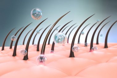 Nourish hair scalp with shampoo or serum, Repair damaged hair concept, 3D rendering