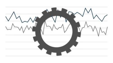 Dönen dişliler ve bozuk para yığınları. İş konsepti olan minyatür işçiler ve grafikler.