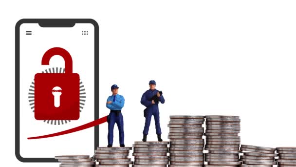 Policías Miniatura Monedas Gráficos Concepto Aumento Delincuencia Seguridad — Vídeos de Stock