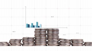 Bir yığın bozuk para ve bar grafiği olan iş konsepti. Yükselen kavisli oklar. Finansal yatırım veya ekonomik trendler iş fikri. 