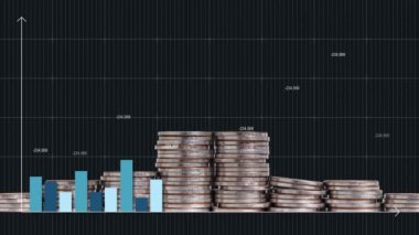 Bir yığın bozuk para ve bar grafiği olan iş konsepti. Yükselen kavisli oklar. Finansal yatırım veya ekonomik trendler iş fikri. 