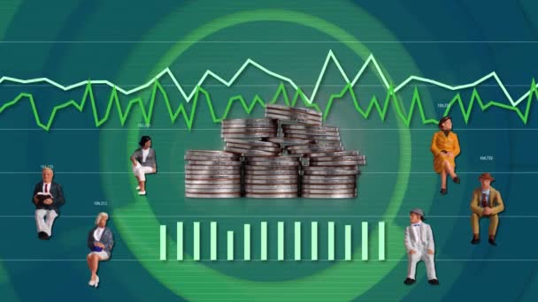 Olika Miniatyr Människor Och Diagram Och Högar Mynt Begreppet Lagerinvesteringar — Stockvideo