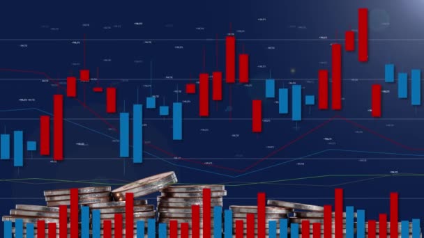 Üzleti Koncepció Érmékkel Grafikonokkal Pénzügyi Értéktőzsde Árváltozásainak Grafikonja — Stock videók
