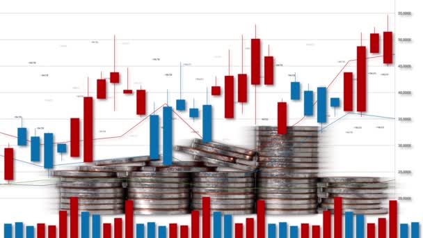 商业概念与成堆的硬币和图表 金融证券交易所价格变动的图表 — 图库视频影像