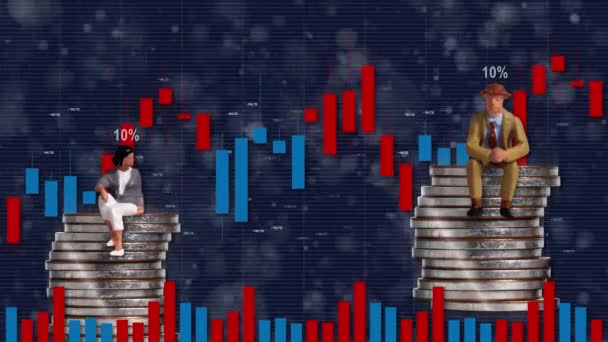 ミニチュアの人々は グラフとコインの山の上に座っている 成功した投資分析の概念 — ストック動画