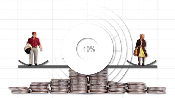 Miniature People Pile Coins Graphs Concept Gender Employment Differences — Stock Video