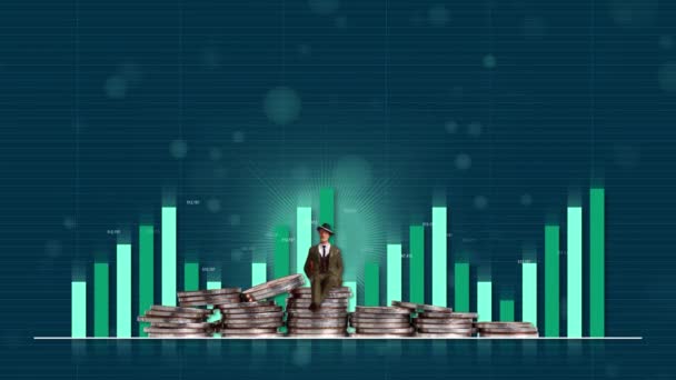 Miniature People Sitting Pile Coins Bar Graph Line Graphs Graphs — Stock Video