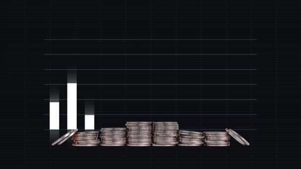 棒グラフとコインの山と線グラフ 貨幣及びグラフの山のある事業の概念 — ストック動画