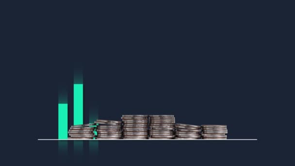 Floating Bar Graphs Pile Coins Business Concept Graphs Piles Coins — Stock Video