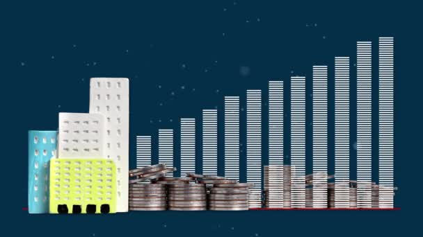 Het Concept Van Prijsveranderingen Woningmarkt Grafiek Stapels Munten Met Bedrijfsconcept — Stockvideo