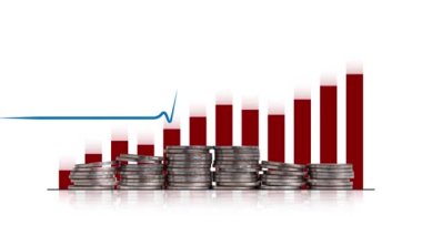 Piles of coins and electrocardiogram with bar graph. Concept of economic instability.