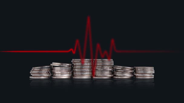 Piles Coins Electrocardiogram Concept Economic Instability — Vídeo de stock