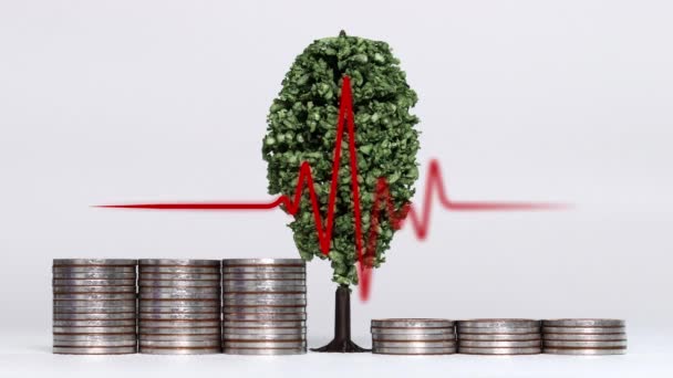 Piles Coins Miniature Tree Electrocardiogram Concepts Economic Crisis — Stockvideo