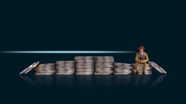 A miniature man sitting on a pile of coins and a heartbeat graphic. Concept of economic crisis management.