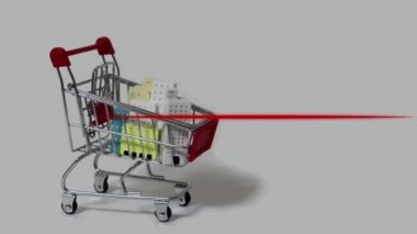 Business concept with heartbeat graph. Miniature buildings in miniature shopping carts.