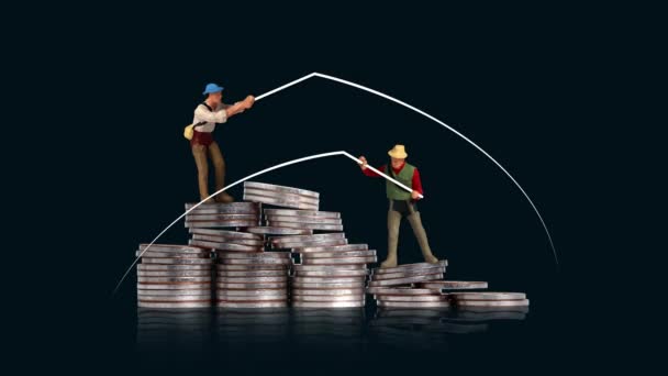 Miniature People Fishing Piles Coins Concept Income Difference — Stockvideo