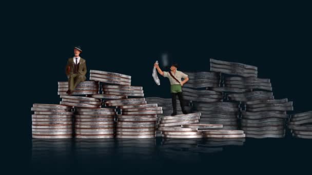 Miniature People Piles Coins Concept Economic Disparity — Stock video