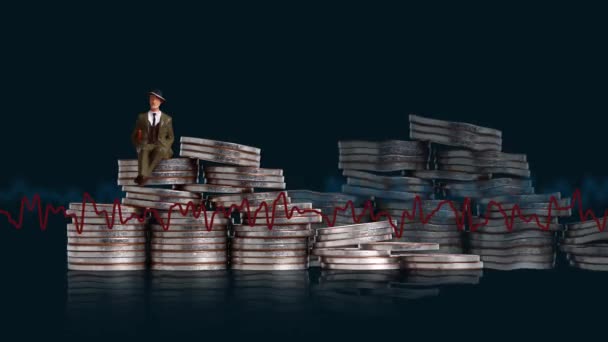 Мініатюрні Люди Сидять Палях Монет Концепція Бізнесу Купами Монет Графіків — стокове відео