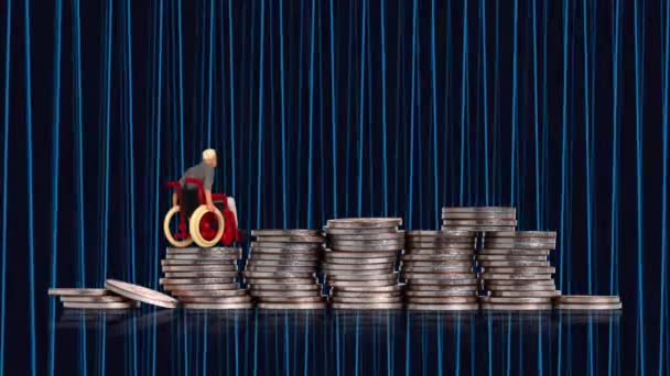 Miniature Man Wheelchair Pile Coins Concept Difficulty Economic Activities Disabled — Vídeos de Stock