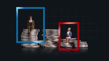 Pile of coins and miniature people with graphics. The concept of glass ceiling.