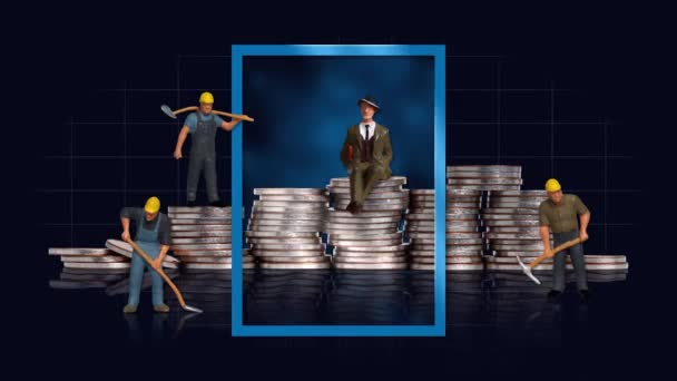 Pile Coins Miniature People Graphics Concept Income Inequality — Αρχείο Βίντεο