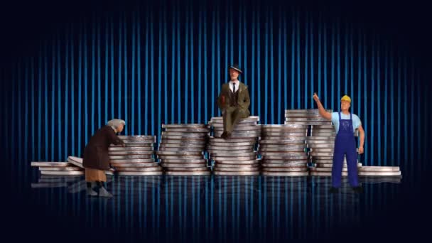 Pile Coins Miniature People Graphics Concept Income Disparity — Αρχείο Βίντεο