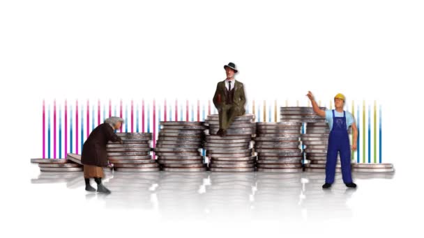 Pile Coins Miniature People Graphics Concept Income Disparity — Vídeo de Stock